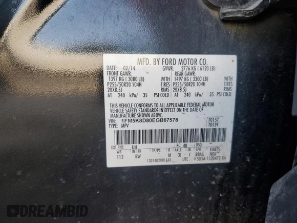 2014 Ford Explorer XLT z VIN 1FM5K8D80EGB67578, wystawiony jako Copart lot #48302795 z przebiegiem 250 614 mil mil oraz Szkody całkowita. Historia ofert i sprzedaży dostępna na DreamBid. Obrazek 13.