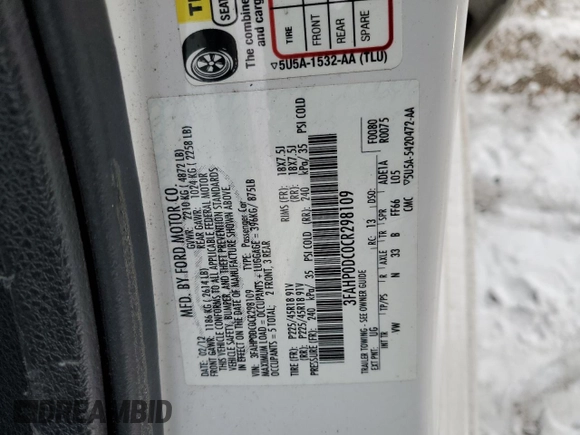 2012 Ford Fusion SPORT with VIN 3FAHP0DC0CR298109, listed as a Copart auction lot 88234115 with 150,537 mi miles and Salvage Title. Bid and sale history available at carsss.com. Image 12.
