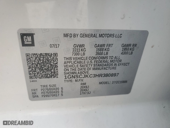 2017 Chevrolet Suburban Premier with VIN 1GNSCJKC3HR380897, listed as a Copart auction lot 79512474 with 121,928 mi miles and Salvage Title. Bid and sale history available at carsss.com. Image 15.