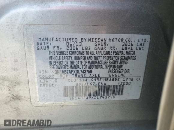 2013 Nissan Sentra SL with VIN 3N1AB7APXDL743750, listed as a Copart auction lot 54236575 with 159,937 mi miles and Salvage Title. Bid and sale history available at DreamBid. Image 12.