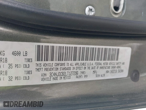 2020 Jeep Compass Limited with VIN 3C4NJDCB2LT127296, listed as a IAAI auction lot 42555235 with 105,259 mi miles and . Bid and sale history available at DreamBid. Image 9.