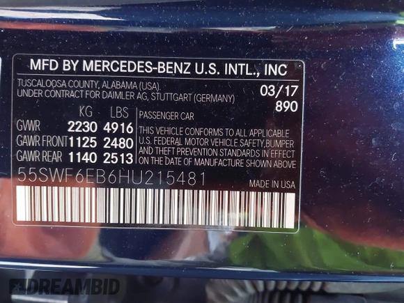 2017 Mercedes-Benz C 43 AMG with VIN 55SWF6EB6HU215481, listed as a IAAI auction lot 41660762 with 105,493 mi miles and . Bid and sale history available at DreamBid. Image 9.