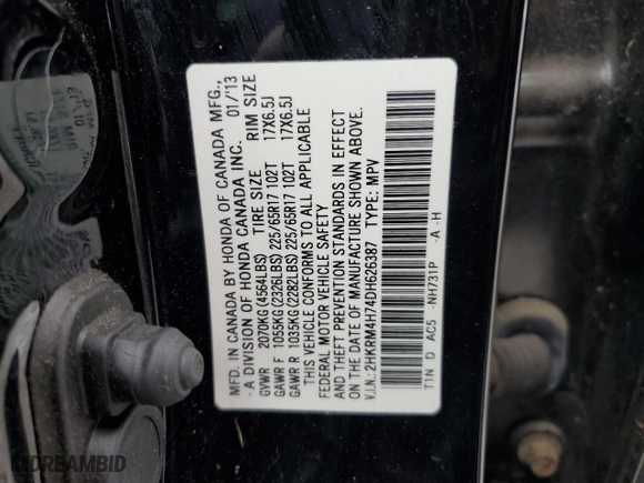 2013 Honda CR-V EX-L with VIN 2HKRM4H74DH626387, listed as a Copart auction lot 51237335 with 102,818 mi miles and Salvage Title. Bid and sale history available at carsss.com. Image 12.