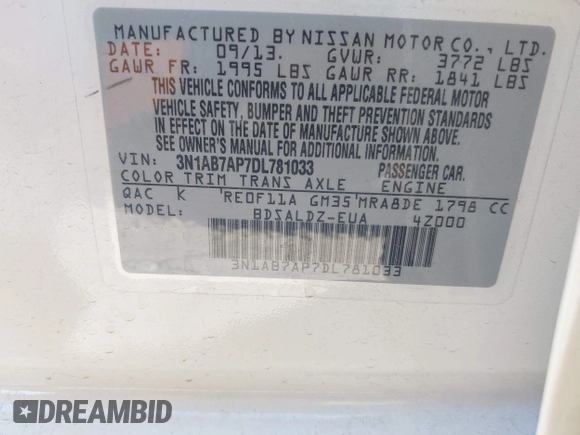 2013 Nissan Sentra SR with VIN 3N1AB7AP7DL781033, listed as a IAAI auction lot 42139740 with 60,614 mi miles and . Bid and sale history available at DreamBid. Image 9.