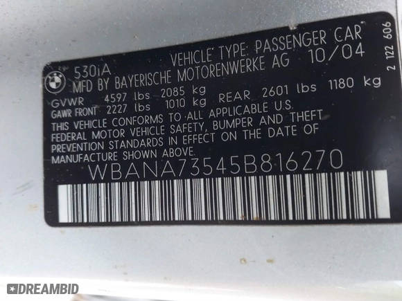 2005 BMW 5 Series 530i with VIN WBANA73545B816270, listed as a IAAI auction lot 41182732 with 131,519 mi miles. Bid and sale history available at carsss.com. Image 9.