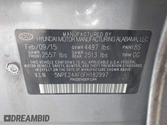 2015 Hyundai Sonata SE with VIN 5NPE24AF0FH182997, listed as a IAAI auction lot 42014095 with 80,109 mi miles and . Bid and sale history available at DreamBid. Image 9.
