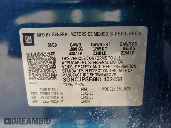 2019 Chevrolet Trax LT with VIN 3GNCJPSB8KL402458, listed as a Copart auction lot 51258585 with 22,718 mi miles and Salvage Title. Bid and sale history available at carsss.com. Image 14.