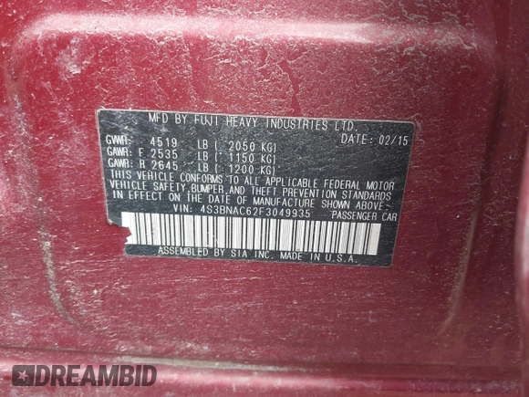 2015 Subaru Legacy Premium with VIN 4S3BNAC62F3049935, listed as a IAAI auction lot 41879352 with 180,799 mi miles and . Bid and sale history available at DreamBid. Image 9.