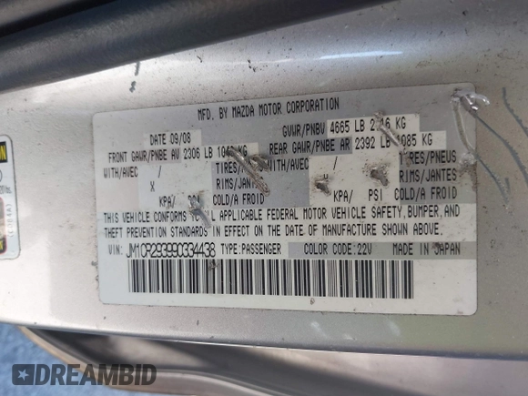2009 Mazda 5 Sport with VIN JM1CR293990334438, listed as a IAAI auction lot 42561953 with 118,178 mi miles and . Bid and sale history available at DreamBid. Image 9.