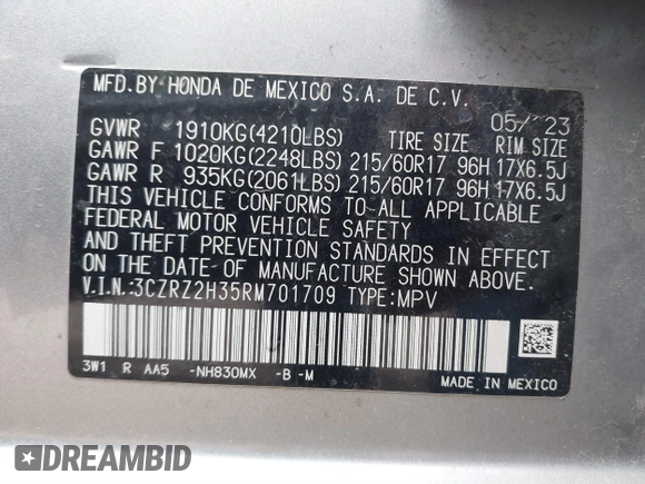 2024 Honda HR-V LX with VIN 3CZRZ2H35RM701709, listed as a IAAI auction lot 41741211 with 53,942 mi miles and . Bid and sale history available at DreamBid. Image 9.