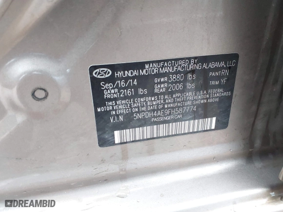 2015 Hyundai Elantra SE with VIN 5NPDH4AE9FH587774, listed as a IAAI auction lot 41960355 with 175,727 mi miles. Bid and sale history available at carsss.com. Image 9.