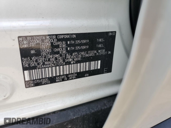 2022 Toyota Venza LE with VIN JTEAAAAH0NJ110734, listed as a Copart auction lot 67161144 with 21,363 mi miles and Salvage Title. Bid and sale history available at carsss.com. Image 15.