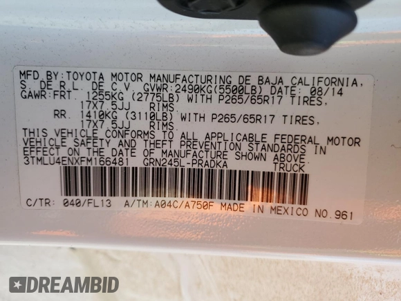 2015 Toyota Tacoma with VIN 3TMLU4ENXFM166481, listed as a Copart auction lot 54319585 with 120,120 mi miles and Salvage title. Bid and sale history available at DreamBid. Image 13.