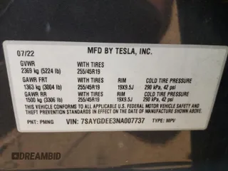 2022 Tesla Model Y Long Range with VIN 7SAYGDEE3NA007737, listed as a Copart auction lot 64602984 with 42,597 mi miles and Salvage Title. Bid and sale history available at carsss.com. Image 15.