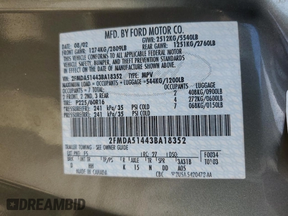 2003 Ford Windstar LX with VIN 2FMDA51443BA18352, listed as a Copart auction lot 52483725 with 50,787 mi miles and Clean Title. Bid and sale history available at carsss.com. Image 13.