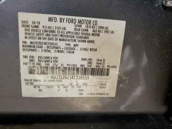 2019 Ford EcoSport SE with VIN MAJ3S2GE5KC250555, listed as a Copart auction lot 49230925 with 21,243 mi miles and Salvage Title. Bid and sale history available at carsss.com. Image 12.