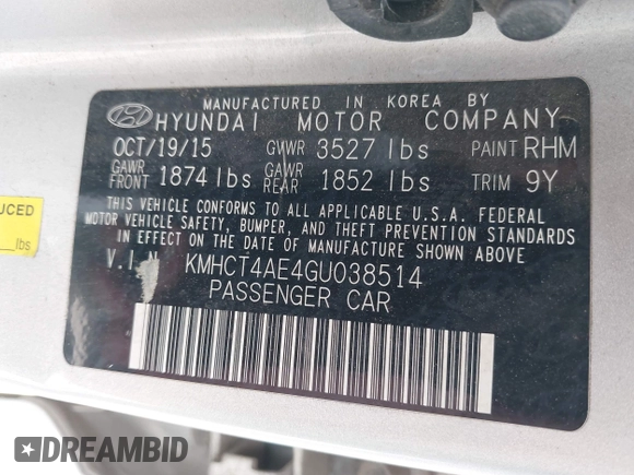 2016 Hyundai Accent SE with VIN KMHCT4AE4GU038514, listed as a IAAI auction lot 42174556 with Not Provided miles and . Bid and sale history available at DreamBid. Image 9.