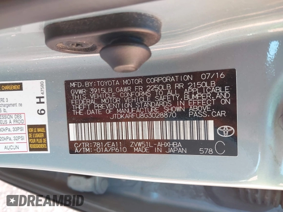 2016 Toyota Prius Four with VIN JTDKARFU8G3028870, listed as a IAAI auction lot 41741779 with 264,982 mi miles and . Bid and sale history available at DreamBid. Image 9.