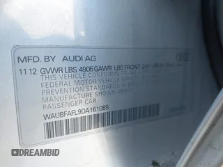 2013 Audi A4 Premium with VIN WAUBFAFL9DA161085, listed as a IAAI auction lot 41976939 with 184,536 mi miles and . Bid and sale history available at DreamBid. Image 9.