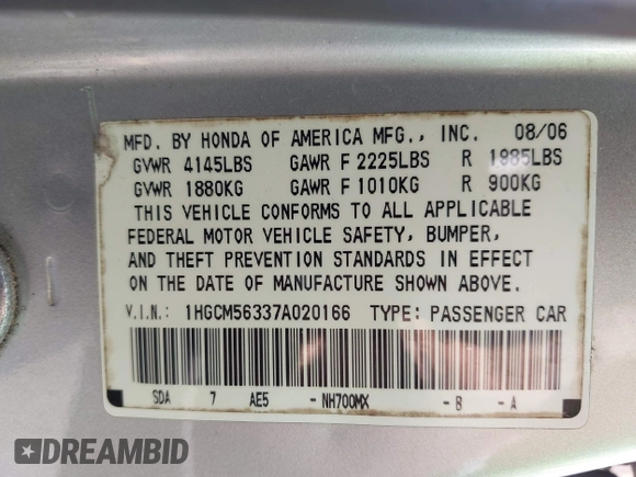 2007 Honda Accord LX SE с VIN 1HGCM56337A020166, выставлен на аукционе IAAI как лот 42587097 с пробегом 250 541 миль миль и . История ставок и продаж доступна на DreamBid. Изображение 9.