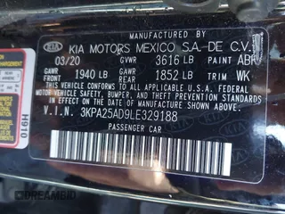 2020 Kia Rio S with VIN 3KPA25AD9LE329188, listed as a IAAI auction lot 40555813 with 41,613 mi miles and . Bid and sale history available at DreamBid. Image 9.
