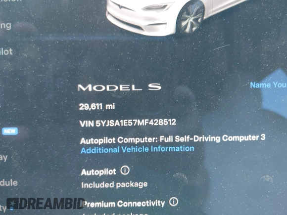 2021 Tesla Model S Long Range with VIN 5YJSA1E57MF428512, listed as a IAAI auction lot 42511020 with 29,611 mi miles and . Bid and sale history available at DreamBid. Image 15.