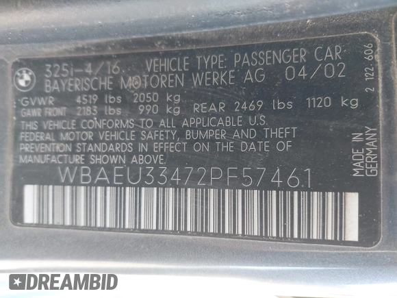 2002 BMW 3 Series 325xi with VIN WBAEU33472PF57461, listed as a IAAI auction lot 42165341 with 237,155 mi miles and . Bid and sale history available at DreamBid. Image 9.