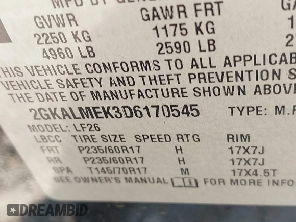 2013 GMC Terrain SLE with VIN 2GKALMEK3D6170545, listed as a IAAI auction lot 42406734 with 173,296 mi miles and . Bid and sale history available at DreamBid. Image 9.