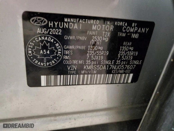 2022 Hyundai Santa Fe Hybrid Limited with VIN KM8S5DA17NU057607, listed as a Copart auction lot 41677575 with 19,111 mi miles and Salvage Title. Bid and sale history available at carsss.com. Image 14.