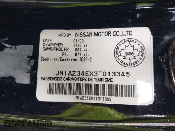 2003 Nissan 350Z Touring with VIN JN1AZ34EX3T013345, listed as a IAAI auction lot 41984329 with 102,115 mi miles. Bid and sale history available at carsss.com. Image 9.