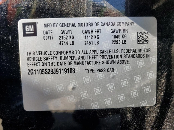 2018 Chevrolet Impala LT with VIN 2G1105S39J9119108, listed as a Copart auction lot 51590165 with 237,089 mi miles and Clean Title. Bid and sale history available at carsss.com. Image 12.