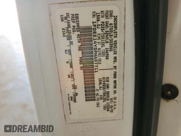 1993 Ford Econoline Cargo with VIN 1FDEE14Y5PHA07711, listed as a Copart auction lot 62064705 with 150,336 mi miles and Salvage title. Bid and sale history available at DreamBid. Image 13.