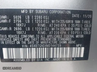 2021 Subaru Outback Limited XT with VIN 4S4BTGNDXM3144739, listed as a IAAI auction lot 41531207 with 62,991 mi miles. Bid and sale history available at carsss.com. Image 9.