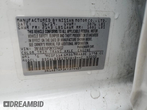 2019 Nissan Sentra SV with VIN 3N1AB7AP3KY374407, listed as a Copart auction lot 51642585 with Not Provided miles and Salvage Title. Bid and sale history available at DreamBid. Image 14.