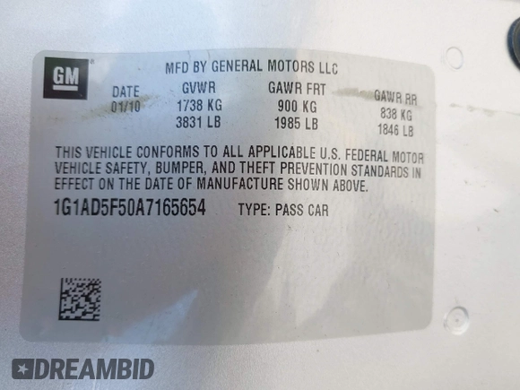 2010 Chevrolet Cobalt 1LT with VIN 1G1AD5F50A7165654, listed as a IAAI auction lot 42230970 with 92,488 mi miles and . Bid and sale history available at DreamBid. Image 9.