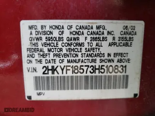 2003 Honda Pilot EX with VIN 2HKYF18573H510831, listed as a Copart auction lot 62717142 with 0 mi miles and Salvage Title. Bid and sale history available at carsss.com. Image 10.