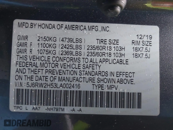 2020 Honda CR-V EX with VIN 5J6RW2H53LA002416, listed as a IAAI auction lot 41976638 with 83,115 mi miles and . Bid and sale history available at DreamBid. Image 9.