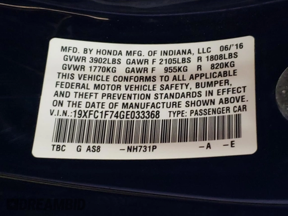 2016 Honda Civic Sedan EX-L with VIN 19XFC1F74GE033368, listed as a Copart auction lot 54874535 with 0 mi miles and Clean Title. Bid and sale history available at carsss.com. Image 13.