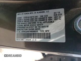 2019 Honda Odyssey Touring z VIN 5FNRL6H87KB098010, wystawiony jako Copart lot #54791505 z przebiegiem 94 477 mil mil oraz Szkoda całkowita • Salvage title. Historia ofert i sprzedaży dostępna na DreamBid. Obrazek 13.