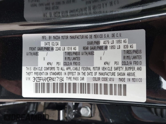2024 Mazda 3 S with VIN 3MZBPAAM0RM417184, listed as a IAAI auction lot 42376731 with 8,237 mi miles and . Bid and sale history available at DreamBid. Image 9.