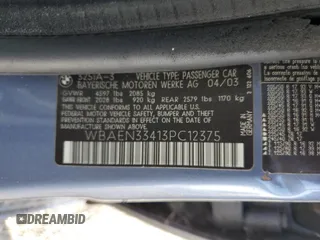 2003 BMW 3 Series 325i with VIN WBAEN33413PC12375, listed as a Copart auction lot 80742434 with 168,770 mi miles and Salvage Title. Bid and sale history available at carsss.com. Image 14.