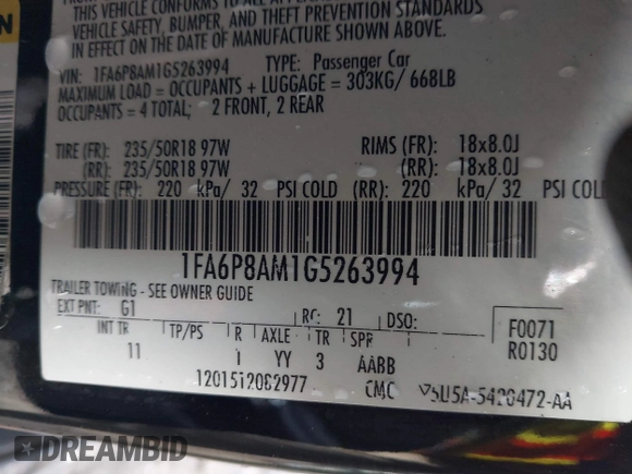 2016 Ford Mustang V6 с VIN 1FA6P8AM1G5263994, выставлен на аукционе IAAI как лот 41407041 с пробегом 128 240 миль миль и . История ставок и продаж доступна на DreamBid. Изображение 9.