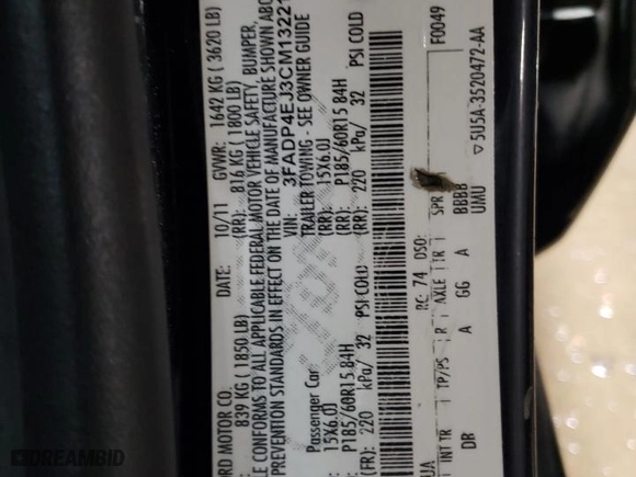 2012 Ford Fiesta SE with VIN 3FADP4EJ3CM132215, listed as a Copart auction lot 47667815 with 187,024 mi miles and Salvage Title. Bid and sale history available at carsss.com. Image 13.