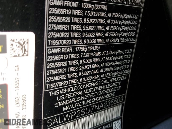 2022 Land Rover Range Rover Sport HSE Silver Edition with VIN SALWR2SU7NA235503, listed as a Copart auction lot 53357875 with 4,419 mi miles and Salvage title. Bid and sale history available at DreamBid. Image 14.