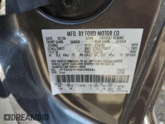 2006 Ford F-250 XL with VIN 1FTSX21P36EC98342, listed as a Copart auction lot 57817865 with 169,699 mi miles and Salvage title. Bid and sale history available at DreamBid. Image 13.