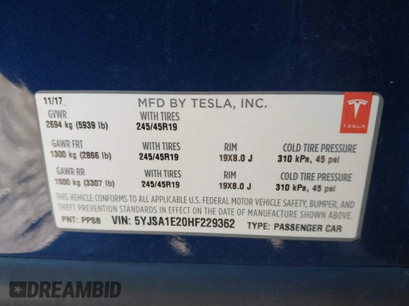 2017 Tesla Model S 100D with VIN 5YJSA1E20HF229362, listed as a IAAI auction lot 41698083 with 75,737 mi miles. Bid and sale history available at carsss.com. Image 9.