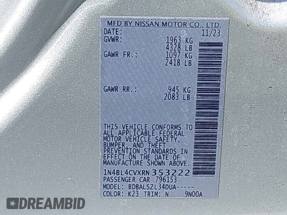 2024 Nissan Altima 2.5 SR with VIN 1N4BL4CVXRN353222, listed as a IAAI auction lot 42005337 with 1 mi miles. Bid and sale history available at carsss.com. Image 9.