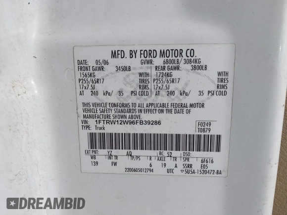 2006 Ford F-150 XLT с VIN 1FTRW12W96FB39286, выставлен на аукционе IAAI как лот 42608416 с пробегом 197 208 миль миль и . История ставок и продаж доступна на DreamBid. Изображение 9.