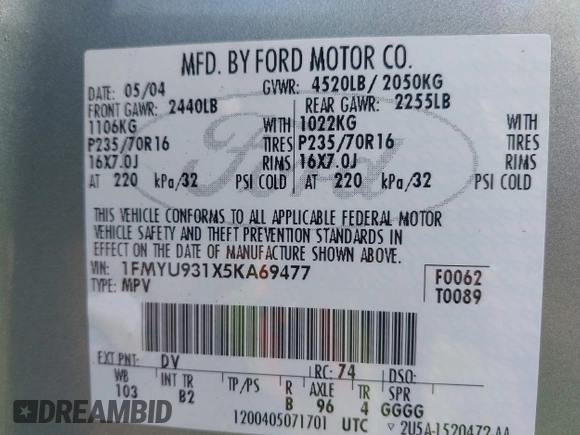 2005 Ford Escape XLT z VIN 1FMYU931X5KA69477, wystawiony jako IAAI lot #42576724 z przebiegiem 143 747 mil mil oraz . Historia ofert i sprzedaży dostępna na DreamBid. Obrazek 9.