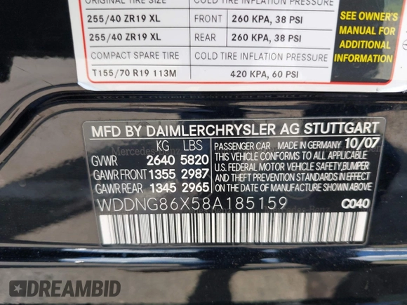 2008 Mercedes-Benz S 5.5L V8 with VIN WDDNG86X58A185159, listed as a IAAI auction lot 42221426 with 186,516 mi miles. Bid and sale history available at carsss.com. Image 9.